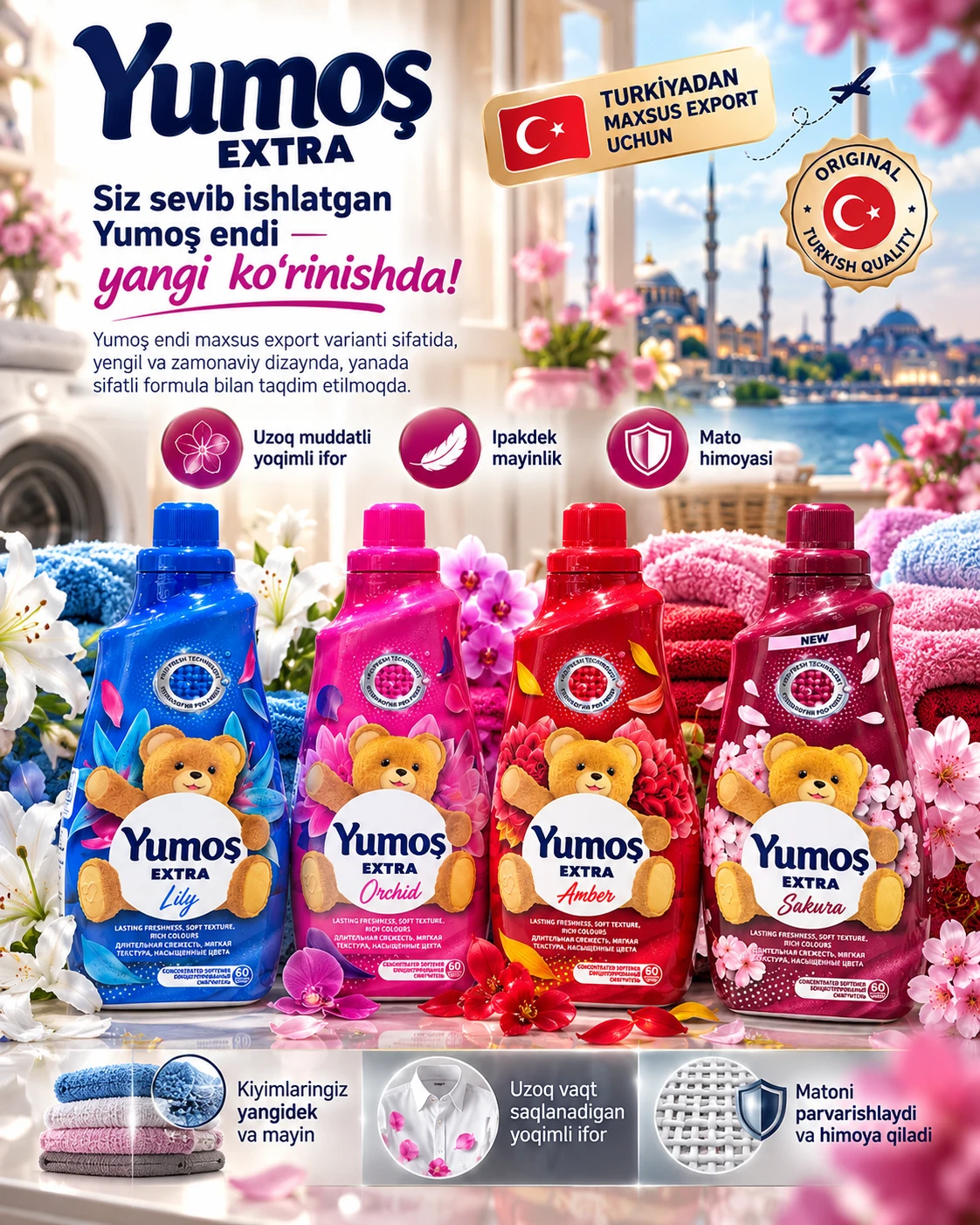 Yumoş Extra to'rtta ifor: Lily, Orchid, Amber va Sakura flakonlari